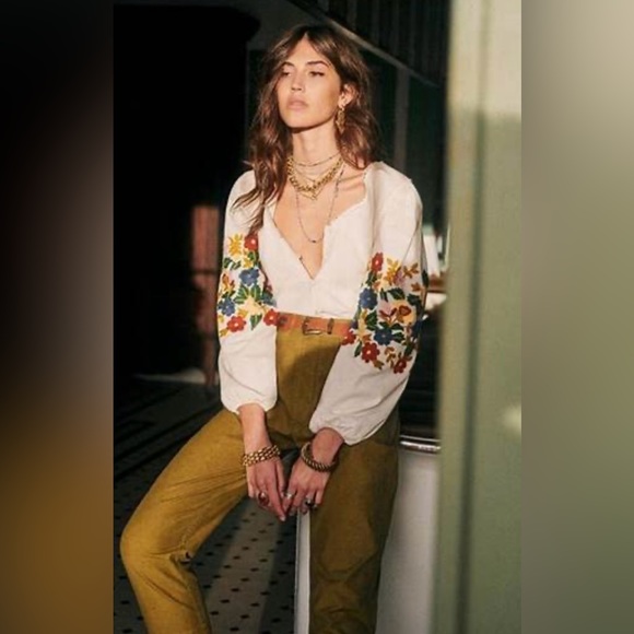 Sezane Tops - Sezane Reety Women’s Embroidered Puff Sleeve Boho Floral Button Front Blouse 14